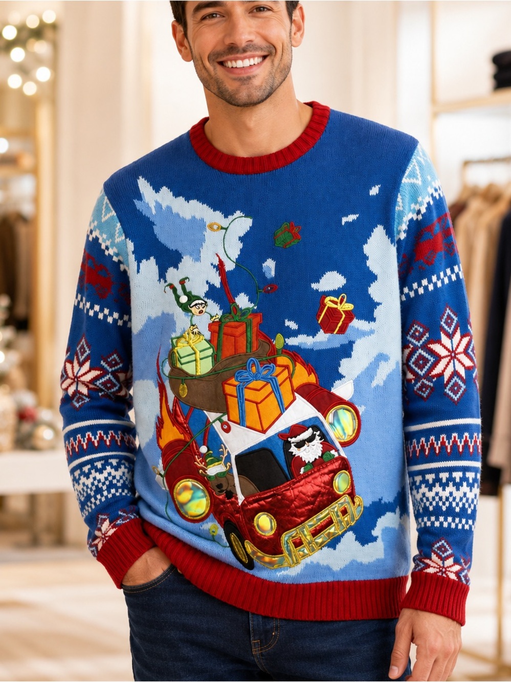 Blizzard Bay Ugly Christmas Blue Sweater with Santa and Gifts by Size L